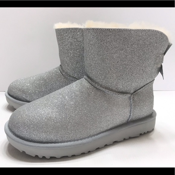 NEW UGG Mini Bailey Bow Silver Sparkle Women Boot - Picture 3 of 8